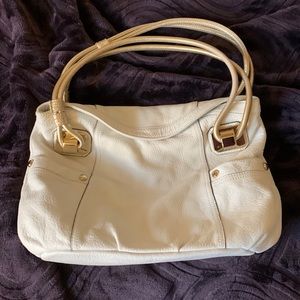 White and gold b.makowsky leather bag